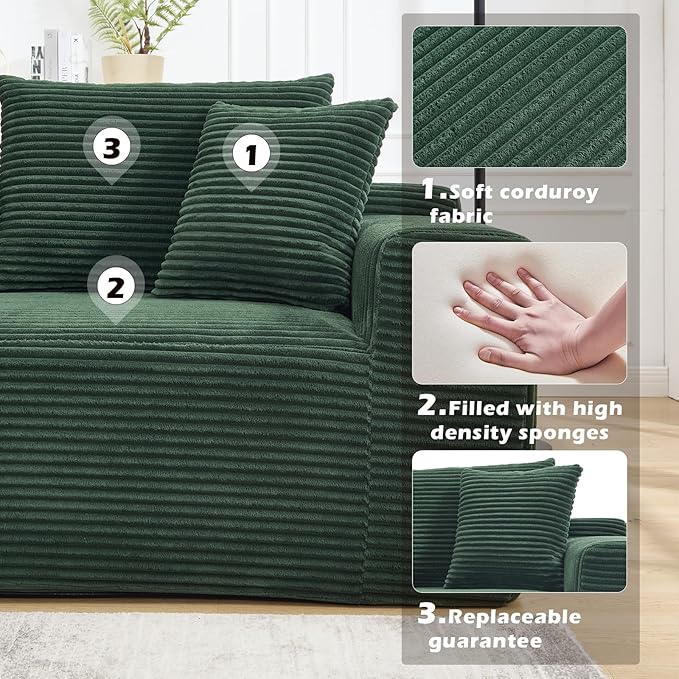 108.7'' Sectional CouchL Shaped CouchPlush Corduroy FabricUpholstered Couches for Living Room BedroomNo Assembly Required(Left Facing Chaise) Green