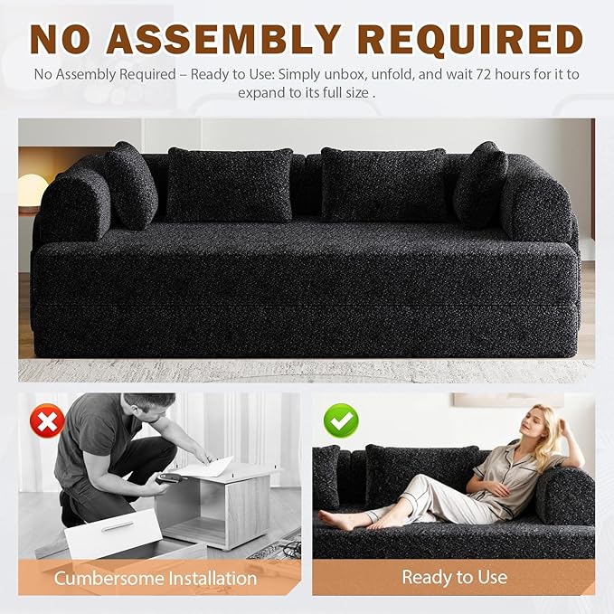 78.7 Chenille 4-in-1 Folding Convertible Sofa Bed Boneless Couches with 4 Pillows &amp Convenient Side Pockets Comfy Foldable Compressed Sofa in Box Floor Sofa Lounge Couch for Living Room(Black)