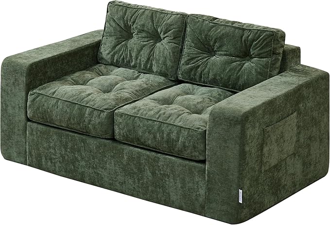 Hobestluk Sofa Couch Loveseat Sofa with Chenille Fabric 2-Seater Sofa for Small Spaces Comfortable Foam Floor Sofa 2 in 1 Boneless Couch for Living Room Bedroom Apartment or Office (Green Loveseat)