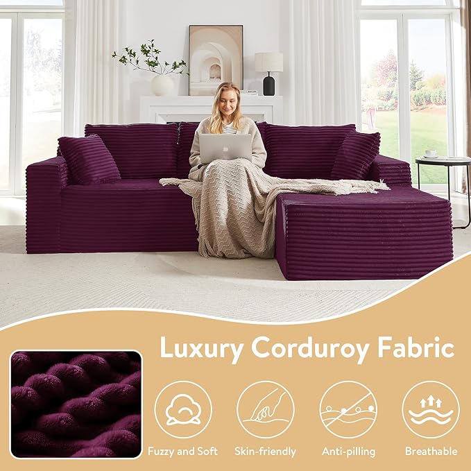 103 Cloud Sectional Couch with L-Shape Chaise Modern Minimalist Modular Sectional Sofa Fluffy Corduroy Upholstered Couches for Living Room No Assembly Required (Purple Right Facing Chaise)