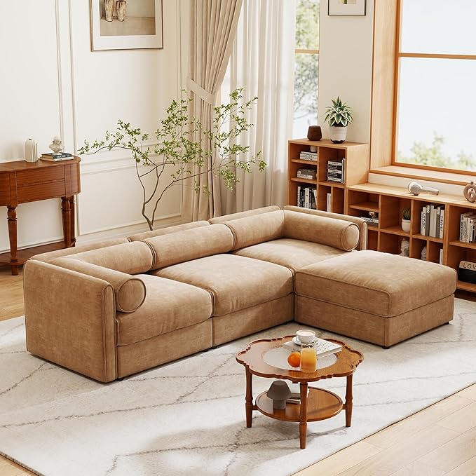 109 inch Cloud Modular 3 Seater Sofa with Storage Ottoman Modern Upholstered Storage Sofa Couch Deep Seat L Shape Sectional Sofa Chenille Comfy Couch for Living Room Apartment Camel