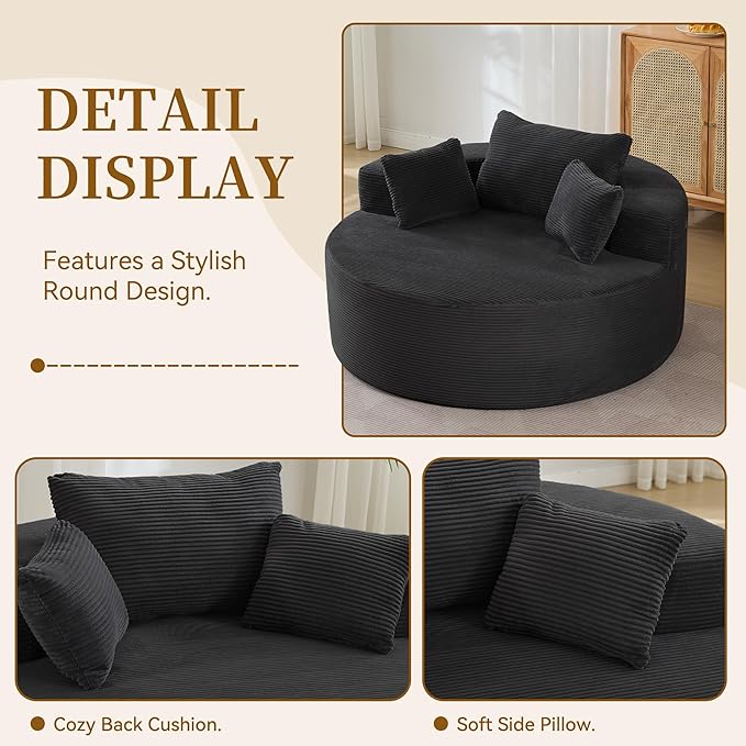 55''Oversized Round Boneless Chaise Lounge ChairCorduroy Modern Floor Sofa Deep Seat Compressed Circle Comfy Barrel Chair No Assembly Sleeper Cloud Sofa Couch Bed for Living Room BedroomBlack