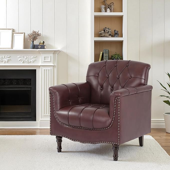 Faux Leather Accent Chair PU Leather Modern Comfy Upholstered Armchair with Wood Legs &amp Nailhead Trim for Living Room Bedroom (RedSet of 2)