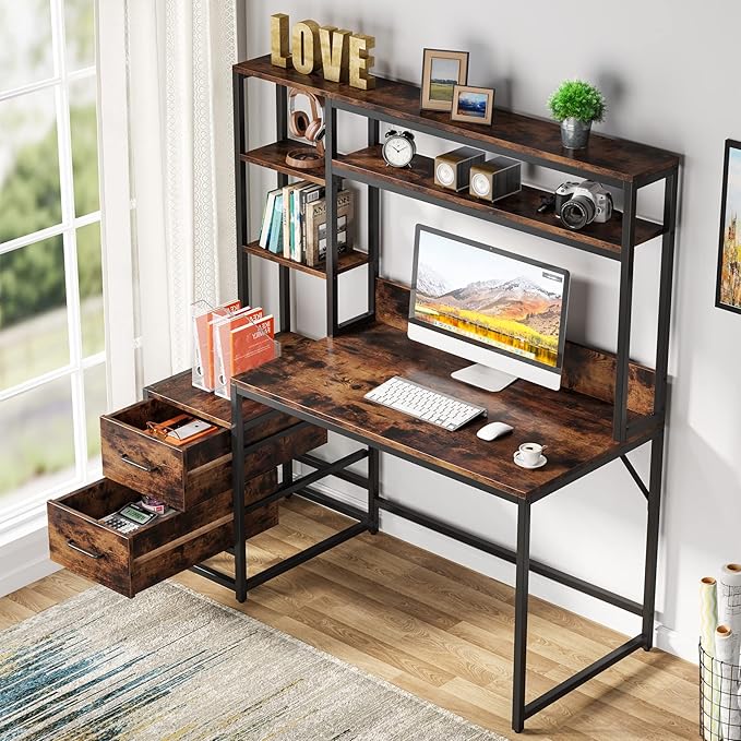 Tribesigns 55 Inch Computer Desk with 2 Drawers and Storage Shelves Rustic Office Desk with Hutch Study Writing Gaming Table Laptop Workstation for Home Office (Brown)