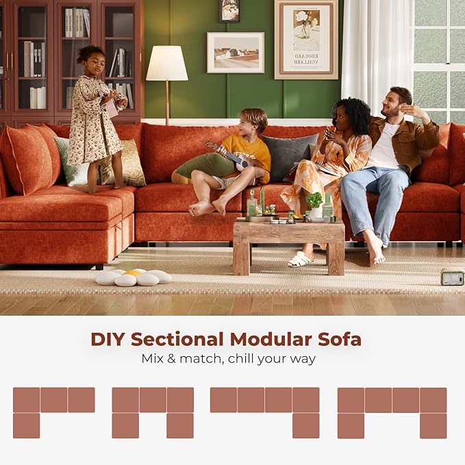 ABCASA 102.6 Modular Sectional Sofa Oversized L Shaped Couch with Storage Ottoman 24.5 Deep Seat 3-Seater Pet-friendly Removable Backrest Cover Terracotta Chenille Sectional Couches for Living Room