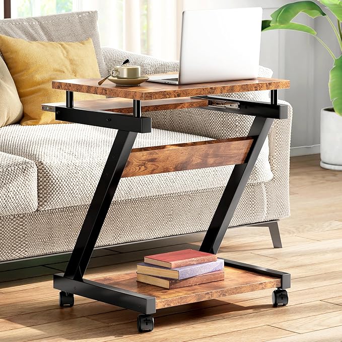 sogesfurniture Small Mobile Computer Desk with Keyboard Tray Z-Shaped Compact Study Table Rolling Workstation for Home and Office with Printer Shelf Keyboard Drawers Rustic Brown