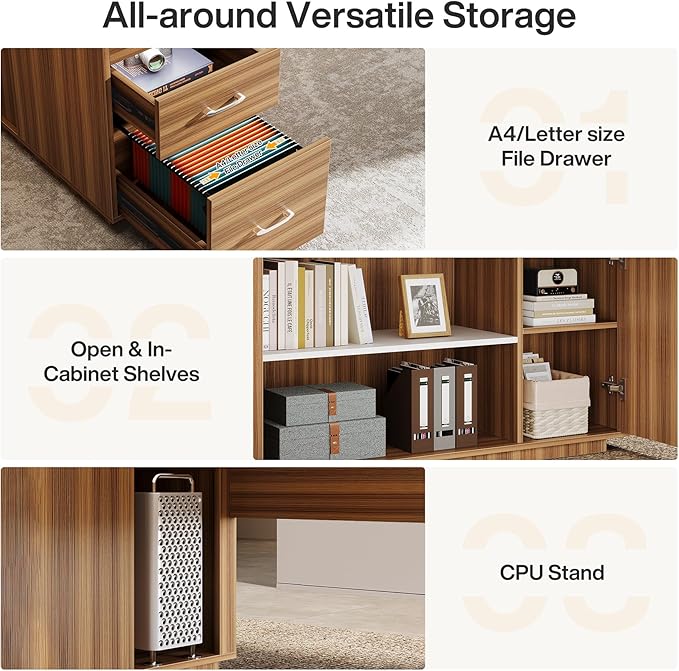 Tribesigns 85.8-Inch L-Shaped Executive Desk with File Drawers Door Cabinet &amp Shelves Extra Large Commercial Office Desk Modern Professional Office Table White &amp Brown Business Furniture