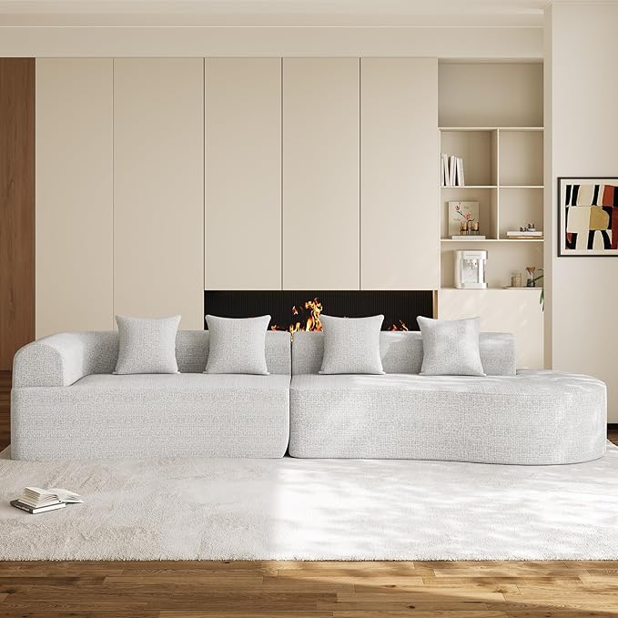 147 Oversized Sectional Sofa for Living Room Modern Luxury Plush Chenille 4-Seater Extra Deep &amp Wide Seat Curved Cloud Couch with 4 Throw Pillows No Assembly Needed Light Grey