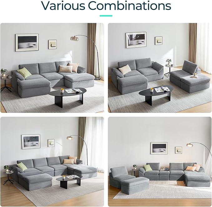 LINSY HOME 109 Modular Couch Modern Boneless Cloud Couch U Shaped Sofa with Movable Ottomans Deep Seat Corduroy Sectional Couches for Living Room Apartment No Assembly Required Grey