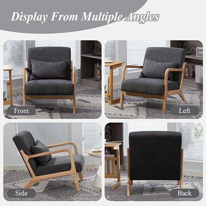 Minimalist Accent Chair Velvet Upholstered Mid-Century Modern Chair with Pillow Lounge Arm Chair with High Backrest Comfy Reading Chair for Living Room Balcony (Grey)