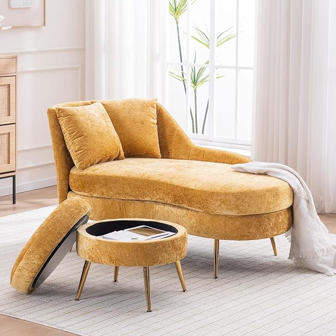 Chaise Lounge Chair Indoor Chenille Upholstered Chair with Left Armrest &amp Pillow Modern Lounge Chairs Sofa with Footstool for Living Room Bedroom Office (Yellow)