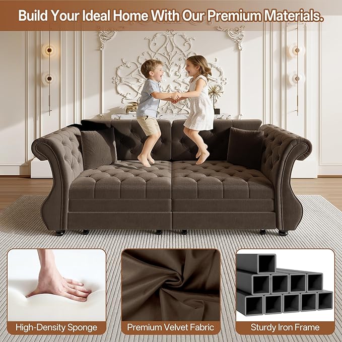 KEIKI 83.8 Classic Chesterfield Sleeper Sofa for Small Spaces Pull Out Velvet Couch with Rolled Arms Elegant Tufted Design