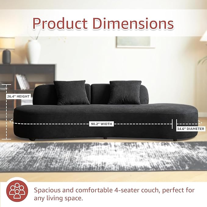 90 Curved Sofa with Throw Pillows 4 Seater Luxury Velvet Couch with Half Moon Design and High-Density Foam Ideal for Modern Living Room Office &amp Apartment Black