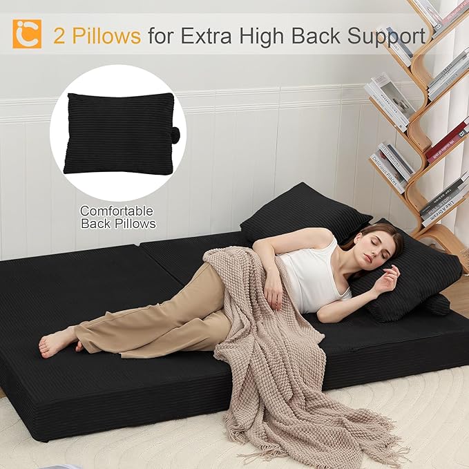 COMAX Futon Sofa Bed Convertible Folding Sofa Bed Boneless Couch Loveseat Corduroy with Pillows Small Foldable Floor Couch Comfy Lounge Sleeper for Living Room Bedroom Black