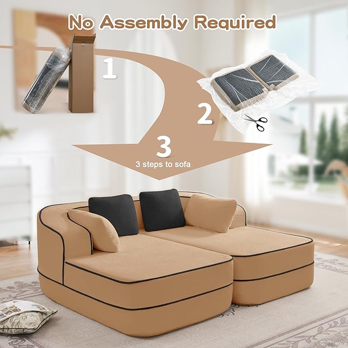 KEIKI 2Seat Modular Boneless Sectional Velvet Sofa Couch with Chaise for Living Room Apartment Living Style Conscious Homeowners Soft Plush Comfortable Cozy Relaxing Contemporary Design Camel
