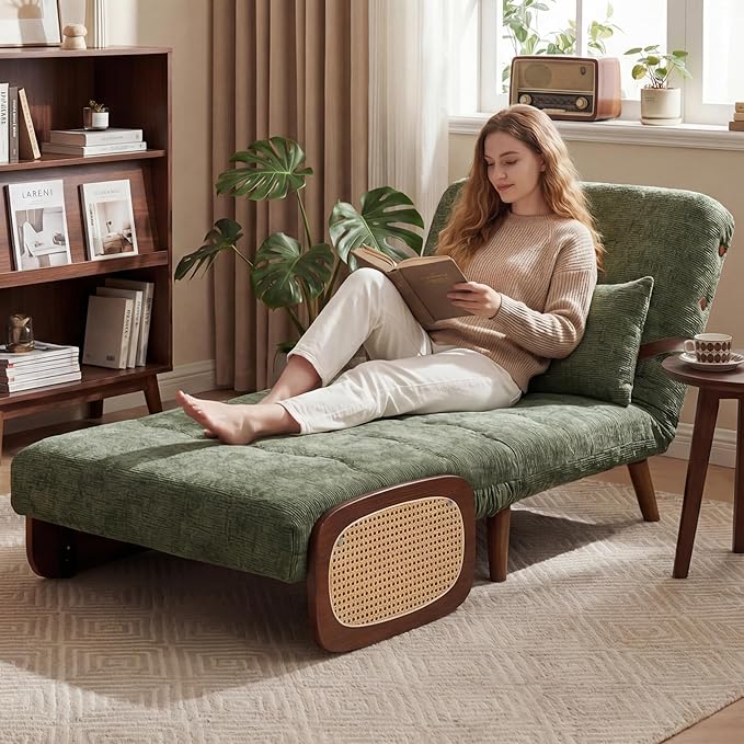 Green Chair Bed Sleeper for Adults Foldable Large Single Sofa Bed 400g Chenille Velvet Fabric Suitable for Living Rooms Bedrooms Study Rooms and Balcony Compact Spaces (Width 43 inches) | Extend