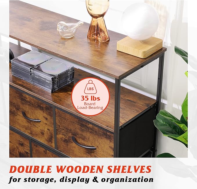 WLIVE Dresser for Bedroom with 5 DrawersFabric Dresser TV Stand with Charging Station Chest of Drawer with Open Shelves for 45 inch TVfor Living RoomEntryway Charcoal Black Wood Grain Print