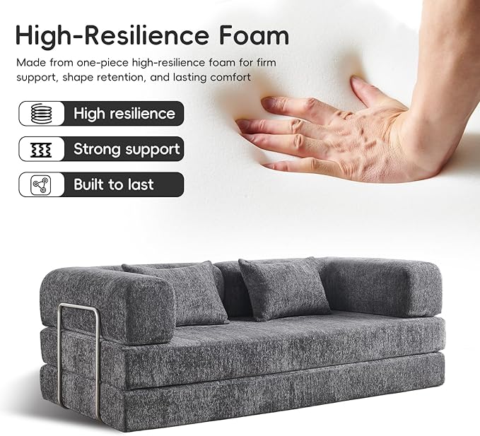 5-in-1 Convertible Folding Sofa Bed 79 Queen Chenille Boneless Couch with Removable Armrests No Assembly Loveseat Sleeper Sofa Modular Futon Couch for Living Room &amp Bedroom Dark Grey