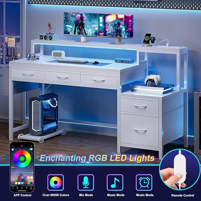 REAHOME 61 Inch Gaming Desk with Charging Station and LED Lights Reversible Computer Desk with Storage Drawer and Monitor Stand Modern Desk Table with File Cabinet &amp Side Pocket Carbon Fiber Wh