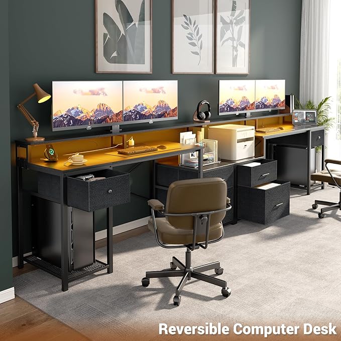 Aheaplus Computer Desk with 3 Drawers Home Office Desk with File Drawer &amp Power Outlet 59'' Gaming Desk with Led Lights Long Work Desk with Storage Shelves Printer Cabinet and Monitor Shelf B