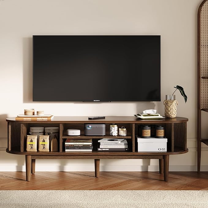 LINSY HOME 58 Fluted TV Stand for TVs up to 65 Inch Mid Century Modern Entertainment Center with Storage Cabinet and Sliding Doors Farmhouse Wood Media TV Console for Living Room Bedroom Walnut