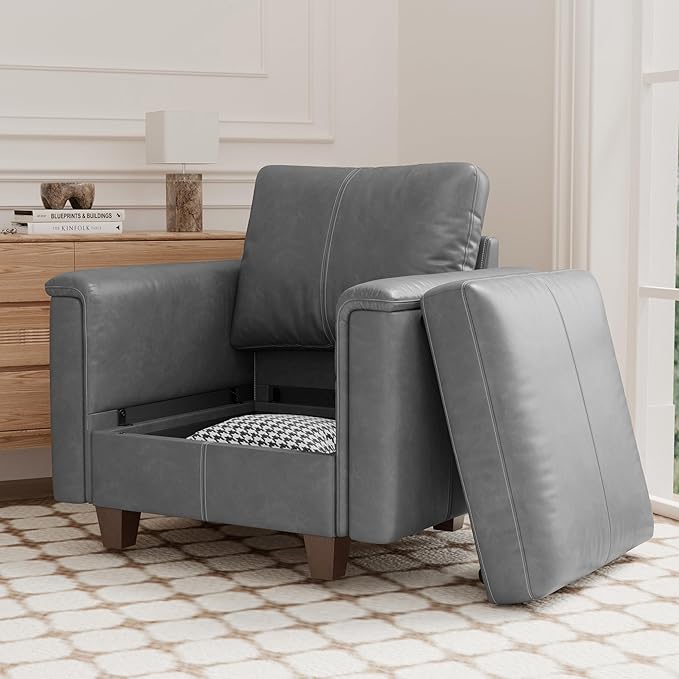 SITJOY Faux Leather Living Room Chair with Storage Mid Century Modern Modular Accent Chairs for Living Room Bedroom Gray