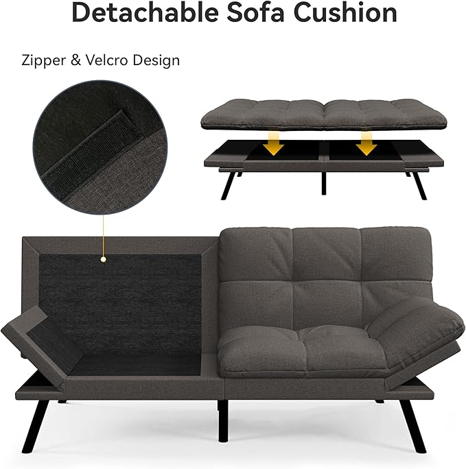 Vipbear Convertible Futon Sofa BedGrey Linen Futon Couch with Detachable CushionAdjustable Backrest &amp ArmrestModern Small Recliner Loveseat Sleeper Couch for Living RoomOfficeApartment