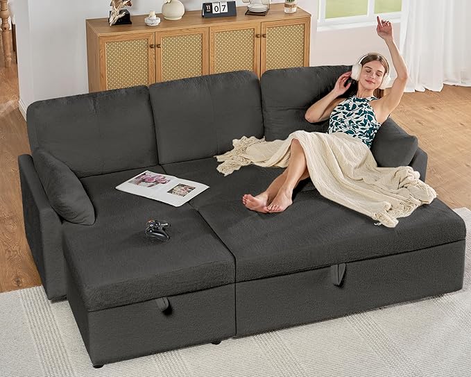 AMERLIFE Sleeper Sofa 2-in-1 Sofa Bed with Storage Chaise Pull Out Sofa Couch for Living Room Guest Room Boucle Dark Grey