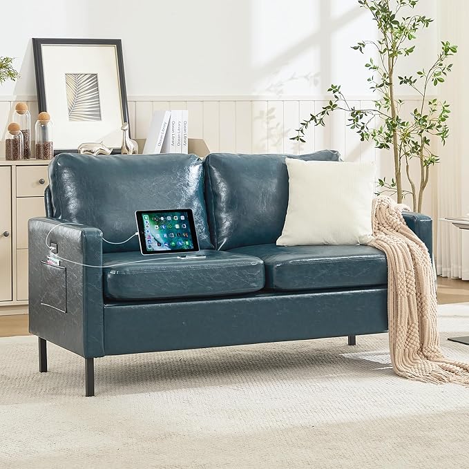 STHOUYN 57 W Faux Leather Loveseat w/ 2 USB Small Loveseat Sofa w/Side Pockets Wooden Frame Small Couch w/Metal Legs Office Mini Couch for Dorm Bedroom Apartment