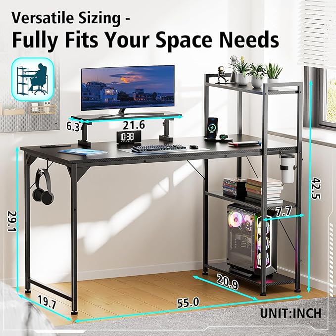 55 Inch Gaming Desk with LED Light Computer Desk with Reversible Storage Shelves and Power Outlets for Home Office Black