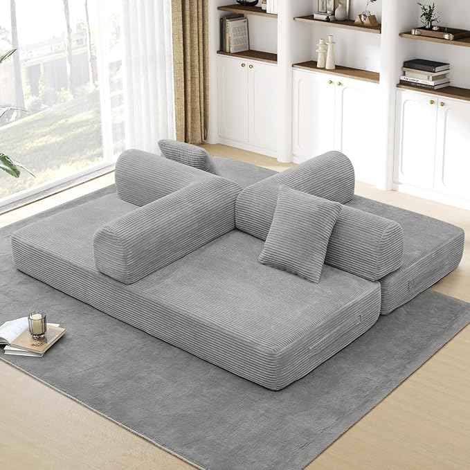 Convertible Folding Sofa Bed Corduroy Sleeper Mattress Couch with Fixed-Shape Frame Free Combination Loveseat Lounge Floor Sofa Queen Size Memory Foam Couch for Living Room Bedroom Light Grey