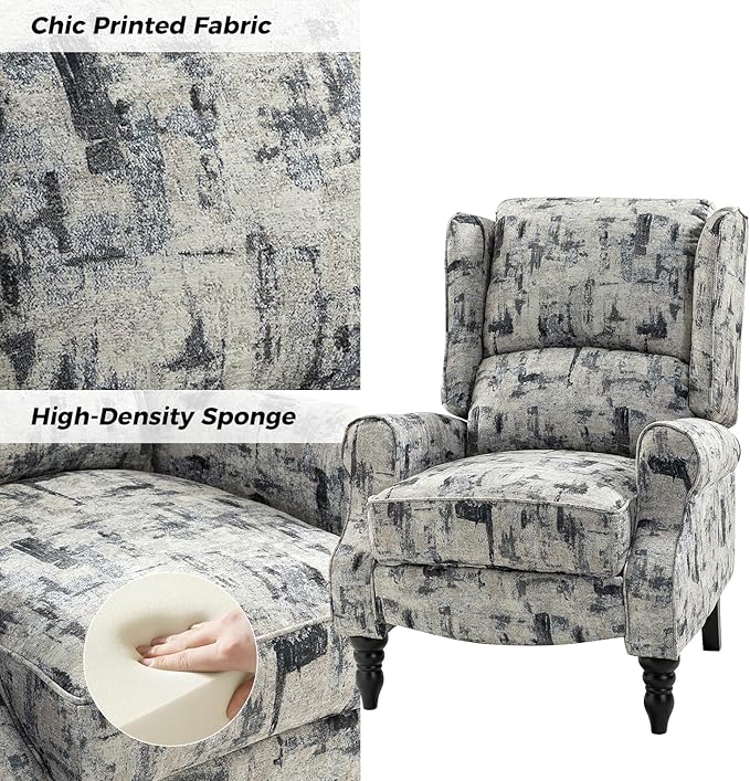 HULALA HOME Upholstered Wingback Recliner Chair Small Adjustable Footrest Push Back Single Reclining Sofa Mid Century Modern Lounge Armchair for Living Room Bedroom Reading/Grey