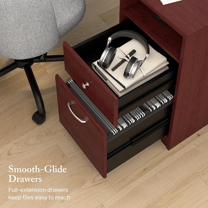 Bush Home Cabot 60W L Shaped Computer Desk with Storage in Harvest Cherry 60-inch Corner Table with Drawers for Home Office Workspace