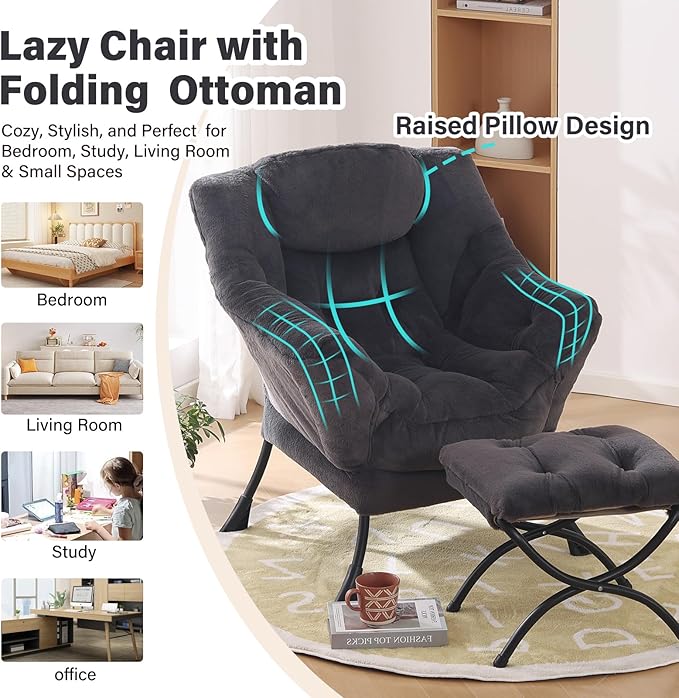 Lazy Chair with Ottoman Modern Accent Chair with Armrests and a Side Pocket Plush Navy Accent Chairs Reading Chairs Oversized Armchairs for Bedroom Study Living Room Courtyard