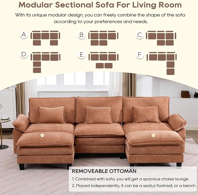IPKIG 117 Modular Sectional Sofa Chenille U-Shaped Sectional Couch Comfy Upholstered 3 Seat Sofa with 2 Ottoman Deep Seat Cloud Couch Sofa for Living Room Orange | 2 Layer Cushion Cloud Couch Mo