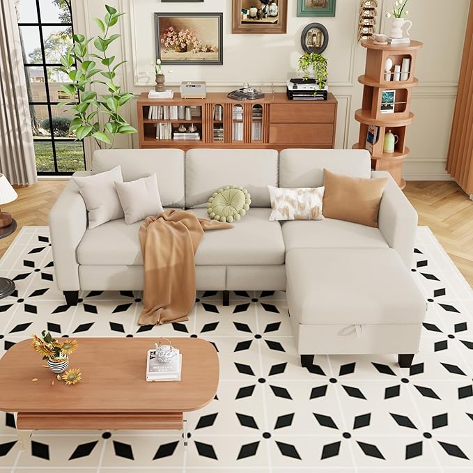 ZeeFu Sectional Sofa Couch with Storage Ottoman 78 L Shaped Modular 3 Seater Couches for Living Room Modern Linen Fabric Set for Small Space Apartment Office