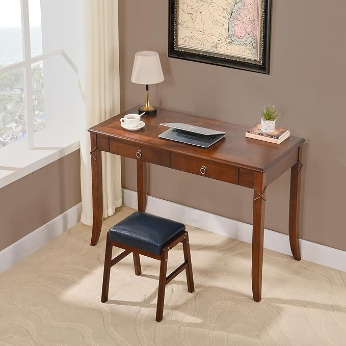 Solid Wood Computer Writing Desk with 2 Big Drawers 46.06 Wide Home Office Desk Workstation with Hourglass Shape Tabletop Big Rustic Study Table in Cherry Brown BSZ-DR200