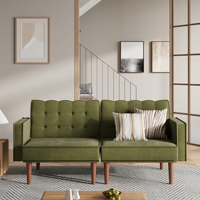 71 Velvet Futon Sofa Bed Versatile Loveseat Couch Sleeper Sofa with Adjustable Backrest Mid Century Modern Futon Couch for Small Space Living Room Office &amp Apartment Velvet Fabric Green
