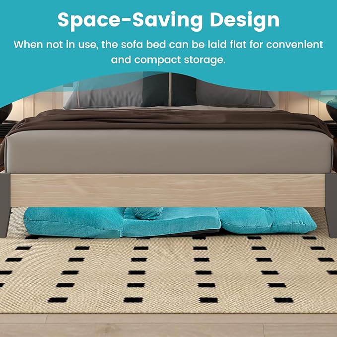 KOMFOTT Foldable Floor Lazy Sofa with 2 Pillows 6-Position Adjustable Reclining Sofa Sleeper Bed Convertible Futon Couch Bed Floor Couch Lounge for Relaxing Reading Playing Gaming (Turquoise)
