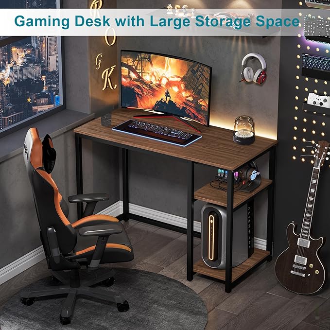 SINPAID Computer Desk 47 inches with 2-Tier Shelves Sturdy Home Office Desks with Large Storage Space Modern Gaming Desk Study Writing Laptop Table Brown