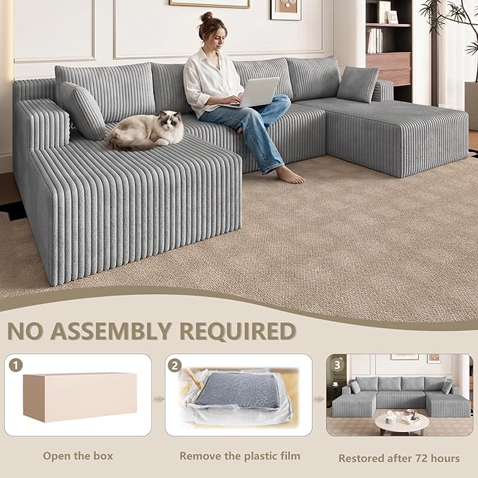 124 U Shaped Cloud Couch Sectional Corduroy Upholstered 4-Seater Cloud Couches for Living Room Deep Seat Modular Boneless Sofa with Lounge Chaise No Assembly Required Light Grey