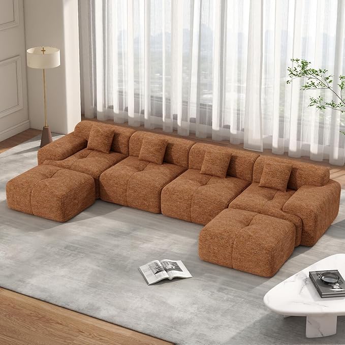 158 Modern U Shaped Modular Sectional Sofa Boneless Couches for Living Room with Ottoman6 Seater Convertible Chenille Cloud Couch Sofa Set No Assembly Required Orange 1 PCS