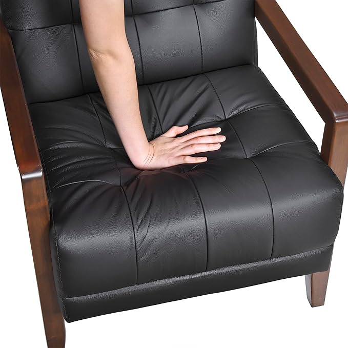 Lexicon Modern Accent Chair Luxury Genuine Leather Match Living Room Chair with Tufted Cushions Solid Wood Frame and Arm Rest Comfy Upholstered Single Seat for Bedroom/Reading/Office Black