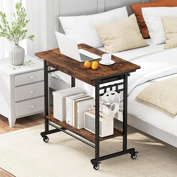 Tangkula Rolling Computer Desk Cart with Keyboard Tray Mobile Portable Laptop PC Desk with CPU Stand &amp 3 Hooks for Sofa &amp Bed Industrial Small Desk on Wheels for Small Spaces Home Office De