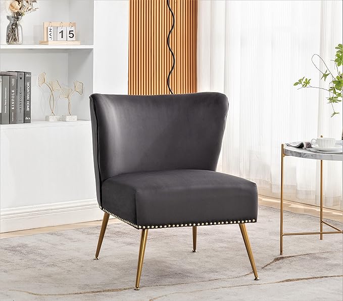 Thia Armless Velvet Accent Chair for Living Room Elegant Seat with Nailhead Trim Gold Metal Legs and Comfortable Curved Back 28 D x 25 W x 29.5 H Grey