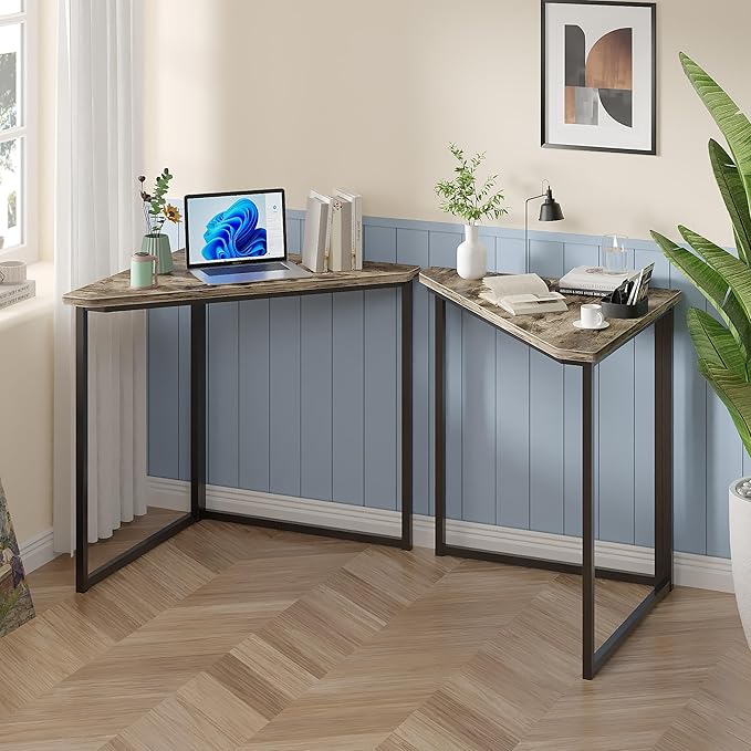 VECELO Corner DeskOffice Tables for Living Room for Small Space Triangle Computer Desk with Steel Frame Corner Shelves with Metal Frame Writing Desk for Workstation Classic Grey 33.1 2 Set