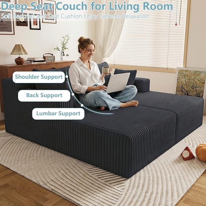 71 Oversized Chaise Lounge ChairSectional Double Lounge Chaise with PillowsUpholstered Corduroy Boneless Lounge ChairFluffy Modern Loveseat Sleeper Sofa for Living Room Bedroom(Dark Grey)