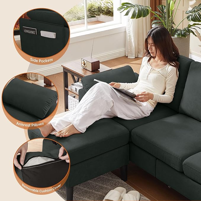 80 Convertible Sectional Sofa Small L Shaped 3 Seat Couch with Reversible Chaise Modern Fabric Sofa Couches for Living Room Apartment and Small Space Black
