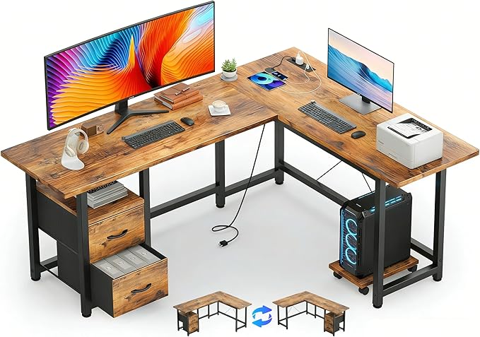 Gizoon 66 Inch L Shaped Desk with Drawers Reversible Corner Computer Desk with Power Outlets Home Office Desk with Moveable CPU Stand Large Gaming Desk Rustic Brown