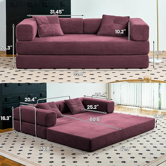 Compression Sofa - 62''Convertible Floor Sofa Bed - with Pillow Back Support Armrest - Comfy Foldable Sofa Bed Compressed Sofa in Box - Corduroy Fabric - for Living Room Bedroom (Wine Red)